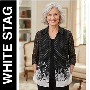 VINTAGE Vibe White Stag 2-Piece Polka Dot & Floral Set Attached Tank Size 1X/16W